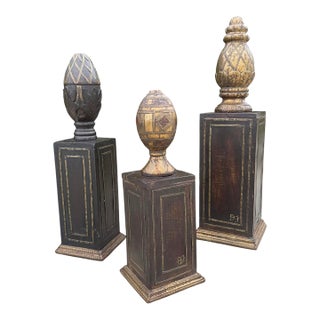 Vintage Hand-Carved Wood Obelisks With Hand-Applied Brass, Signed d.j., Set of 3 For Sale