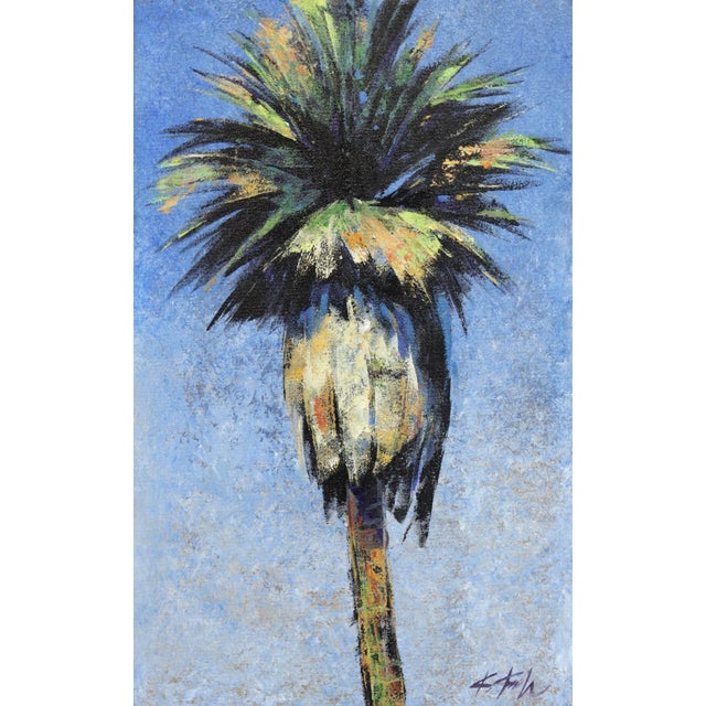Dazzle Blue - Contemporary Botanical Acrylic Palm Tree Ocean Sky Original Painting on Canvas Abstract Realism Art by Kathleen Keifer For Sale