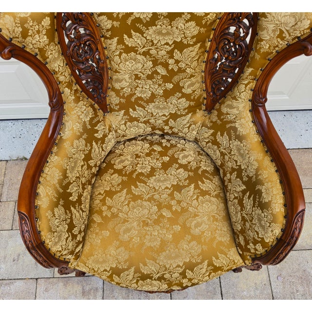 Victorian Rococo Revival Carved Bird Crest Music Room Wingback Armchair For Sale In Miami - Image 6 of 18