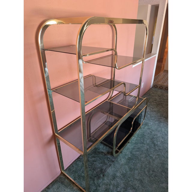 Deco Brass & Smoked Glass Adjustable Display Shelf/Etagere, C1980s For Sale - Image 10 of 10