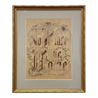 Victorian Punch Paper Motto Needlework-No Place Like Home-Framed-Folk Art-1800s For Sale