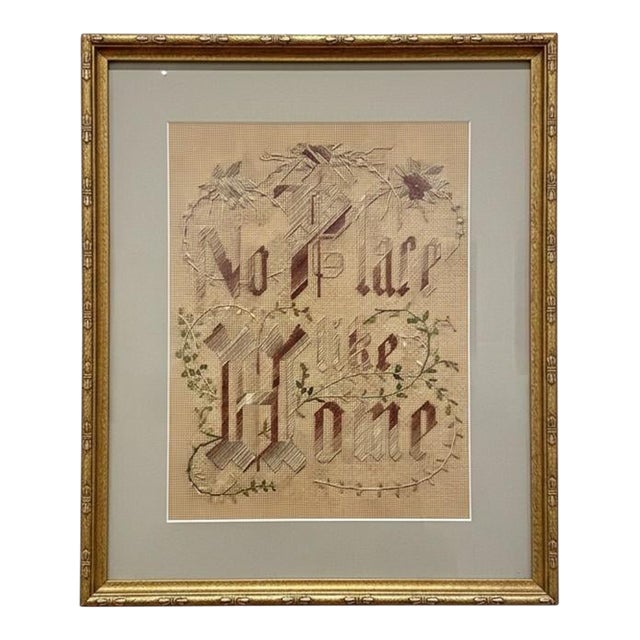 Victorian Punch Paper Motto Needlework-No Place Like Home-Framed-Folk Art-1800s For Sale