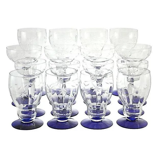 1920s Cobalt Cut-Crystal Stems - Set of 16 For Sale