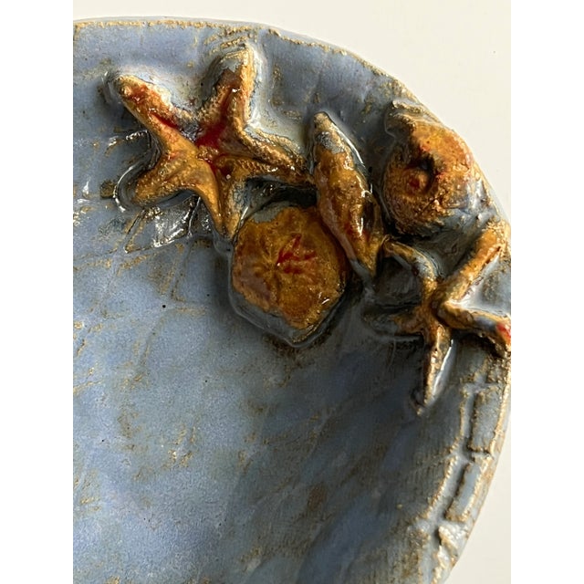 1990s Handmade Blue Oval Pottery Serving Bowl With Shell Details For Sale - Image 5 of 5