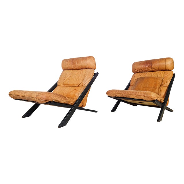 Ueli Berger for De Sede Model Ds-80 Cognac Leather Lounge Chairs Pair, 1960s, Set of 2 For Sale