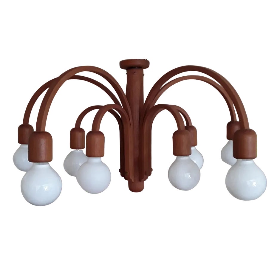 Vintage German 10-Flame Ceiling Lamp with Curved Teak Frame from
