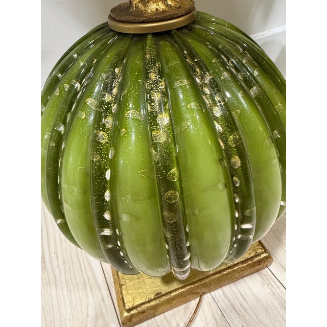 Barovier & Toso Mid 20th Century Italian Murano Green & Gold Glass Floral Table Lamps - A Pair For Sale - Image 4 of 10