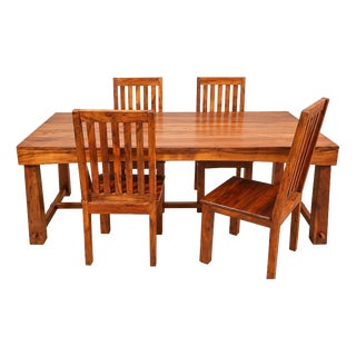 Vintage Dining Table and Chairs Set in Sheesham Wood, 2000s, Set of 5 For Sale