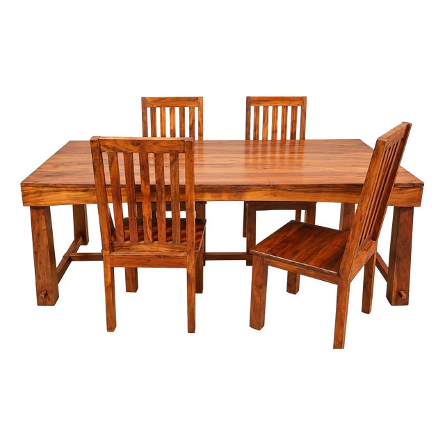 Vintage Dining Table and Chairs Set in Sheesham Wood, 2000s, Set of 5 For Sale