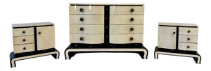 Art Deco Bedroom Set in Parchment and Black Lacquer, Chest and Bedside Tables by Osvaldo Borsani, Italy, 1940s, Set of 3