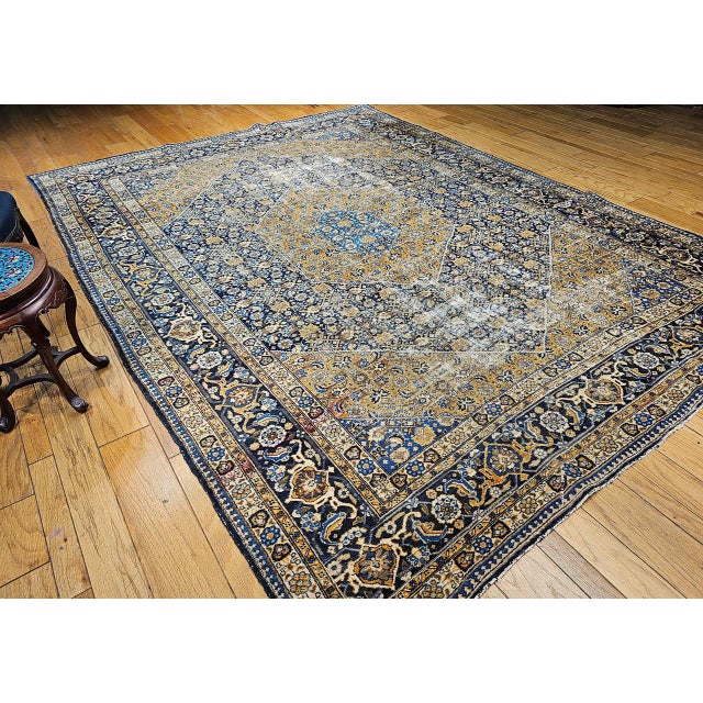 Vintage Persian Tabriz Rug, Hand-Knotted Wool, Herati Geometric Pattern, Navy & Camel, 10x13 For Sale - Image 12 of 13