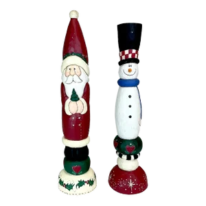 1980s Boho Chic Americana Christmas Wood Carved Santa & Snowman Tall Figurines - A Pair.