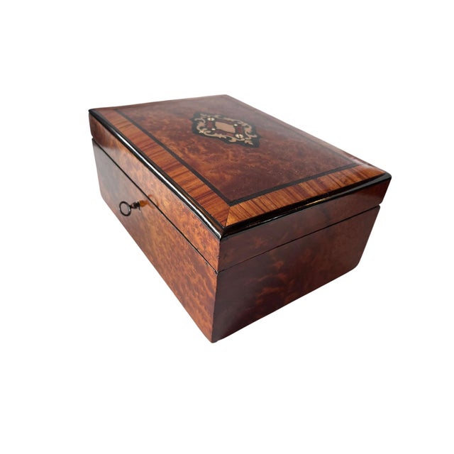 French 19th Century French Burl Wood Jewelry Box With Marquetry Inlay For Sale - Image 3 of 6
