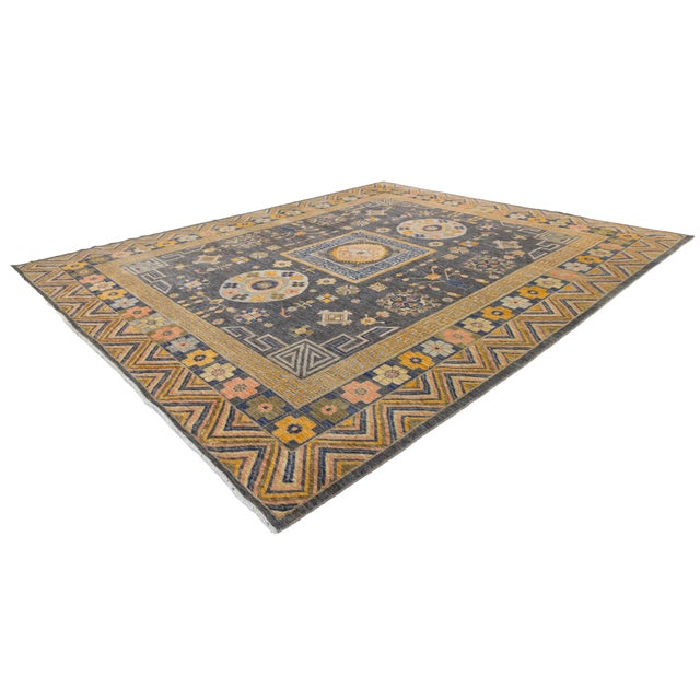 Textile 12x14 Modern Khotan Style Charcoal & Gold Handmade Wool Area Rug For Sale - Image 7 of 11