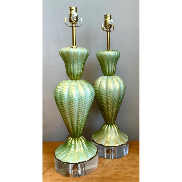 Metal Vintage Italian Murano Glass Lamps With Lucite Plinths For Sale - Image 7 of 13
