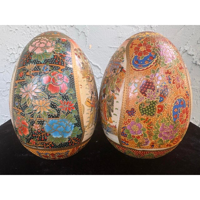 Vintage Hand-Painted Chinese Porcelain Decorative Egg Sculptures on Wooden Bases– Set of 2 – 5.5” For Sale - Image 10 of 12