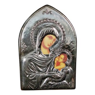Orthodox Religious Icon of the Virgin and Child in 925 Silver Repoussé, 1990s For Sale
