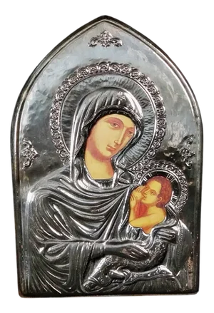 Orthodox Religious Icon of the Virgin and Child in 925 Silver Repoussé, 1990s