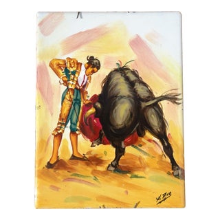 Vintage Hand Painted Tile Signed by H. Rico With Bull Fighter Matador and Bull For Sale