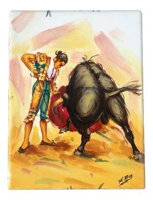Vintage Hand Painted Tile Signed by H. Rico With Bull Fighter Matador and Bull