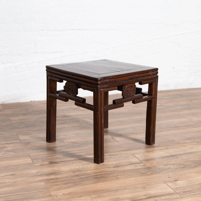 Chinese Vintage Qing Style Side Table with Dark Patina and Carved Medallions For Sale - Image 11 of 13