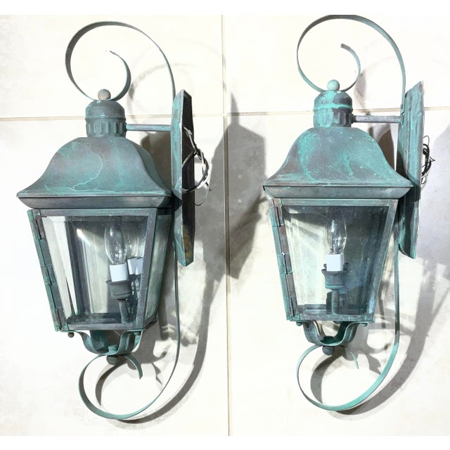 Pair of Vintage Solid Brass Outdoor Wall Lanterns - 22”h X 7”.5 W X 7”.5 D For Sale - Image 10 of 15