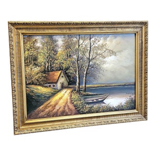 French-Style Lakeside Landscape Painting – Country House, Scenic Road & Ornate Gold Leaf Frame For Sale