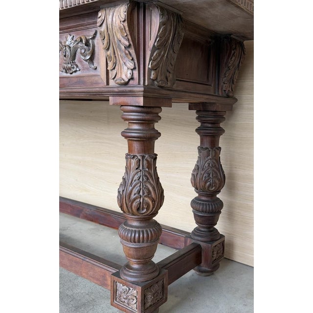 Spanish Carved Walnut Console Table with 3 Drawers, 1900s For Sale - Image 10 of 11