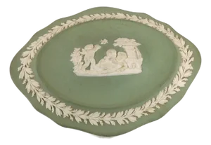 1950s Wedgwood Japerware Celedon Oval Covered Trinket Box