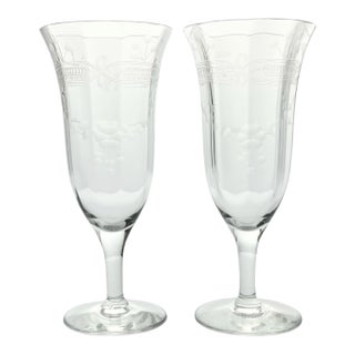 Vintage Etched Flower & Garland Optic Fluted Champagne Glasses - a Pair For Sale