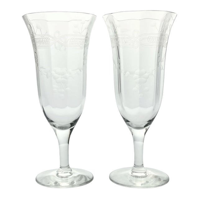 Vintage Etched Flower & Garland Optic Fluted Champagne Glasses - a Pair For Sale