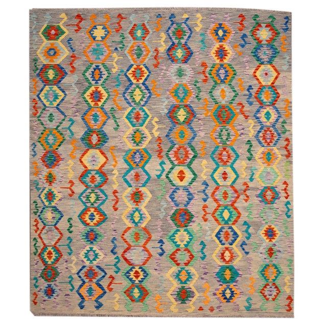 Colorful Modern Kilim Handmade Wool Rug For Sale - Image 10 of 10
