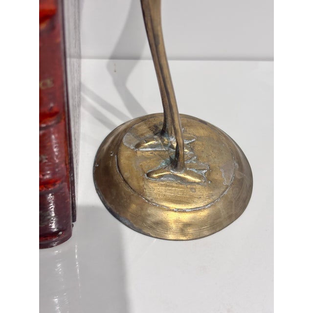A Pair of Vintage Solid Brass Crane Figurines Standing Gracefully on Round Bases With a Warm, Aged Patina. For Sale - Image 11 of 12