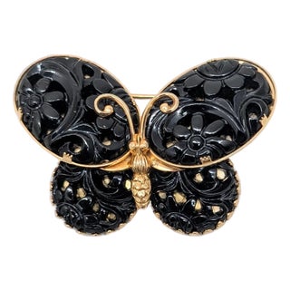 Vintage 1960s Signed Napier Goldtone Carved Faux-Onyx Butterfly Brooch For Sale