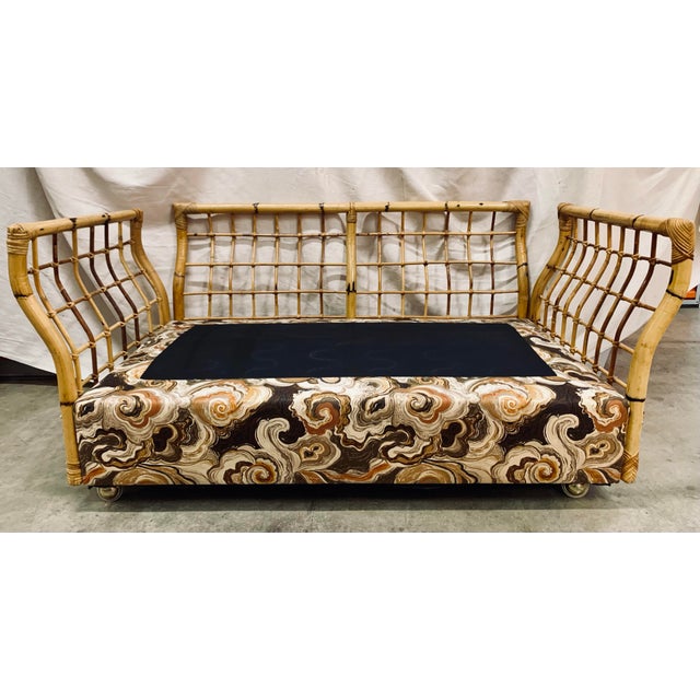 Hollywood Regency Rare Vintage 1980s Rattan and Bamboo Loveseat Sofa in the Style of Gervasoni With Original Upholstery For Sale - Image 3 of 12