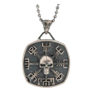 Norse Viking Vegvisir Protection Symbols & Skull Pendant Sterling Silver Necklace For Sale
