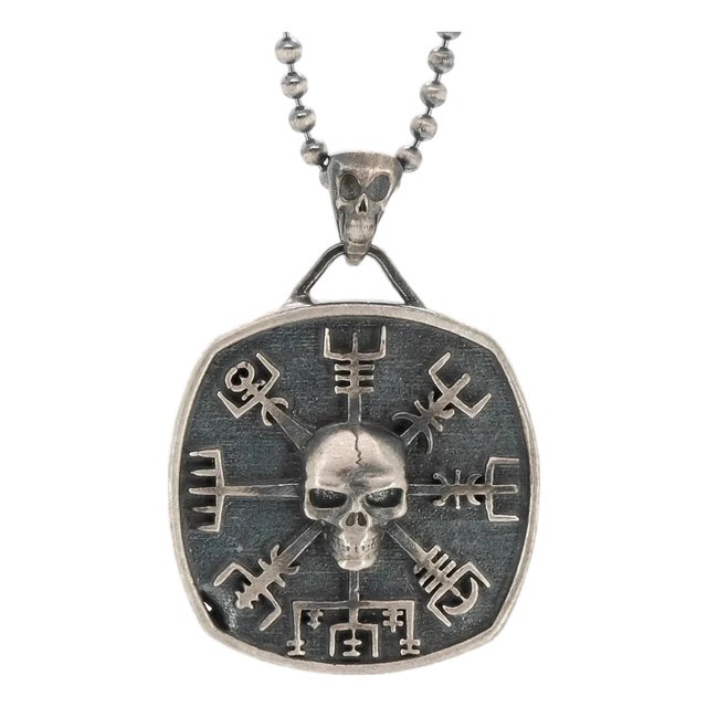 Norse Viking Vegvisir Protection Symbols & Skull Pendant Sterling Silver Necklace For Sale