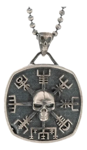 Norse Viking Vegvisir Protection Symbols & Skull Pendant Sterling Silver Necklace