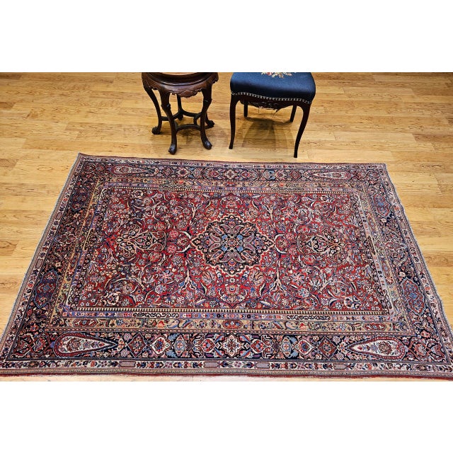 1900 - 1909 Early 20th Century Persian Kashan Rug, Hand-Knotted Wool & Cotton, Floral Design, Red & Navy, 5x7 For Sale - Image 5 of 16
