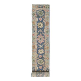 Boho Chic Oushak Gardiner Blue/Beige Wool Rug Runner - 2'8'' X 18'11'' For Sale