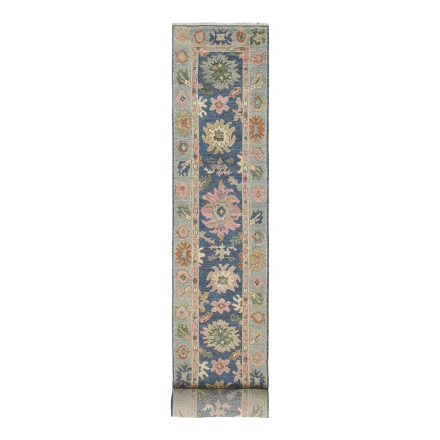 Boho Chic Oushak Gardiner Blue/Beige Wool Rug Runner - 2'8'' X 18'11'' For Sale