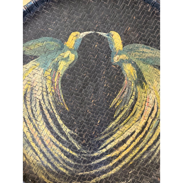 Large Vintage Wicker Basket Tray With Hand Painted Birds of Paradise For Sale - Image 4 of 11