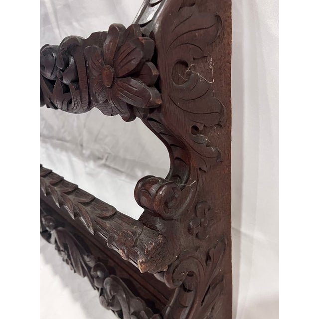 Antique Late 1800s Belgian Carved Oak Plate Rack – Griffin 55" Wall Shelf For Sale - Image 4 of 18