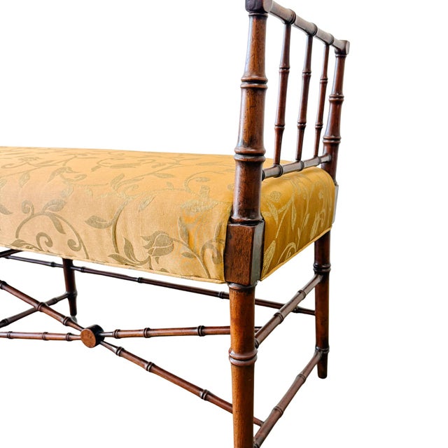 1960s 1960s French Regency Faux Bamboo Window Bench in Gold Floral Damask For Sale - Image 5 of 9