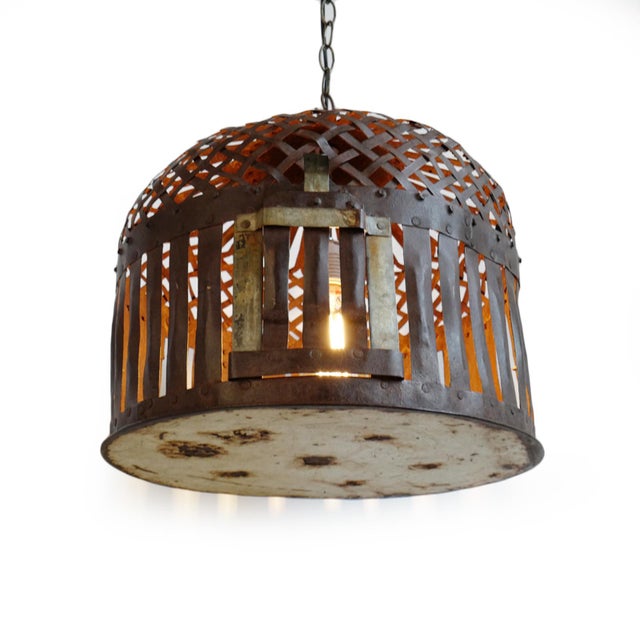 Vintage Farmhouse Industrial Iron Basket Cage Pendant Light For Sale - Image 4 of 8