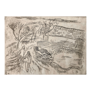 Tibor Gergely, Vintage Art Etching Farm with Cow and Farmer, Famed Children's Book Illustrator, c.1940's