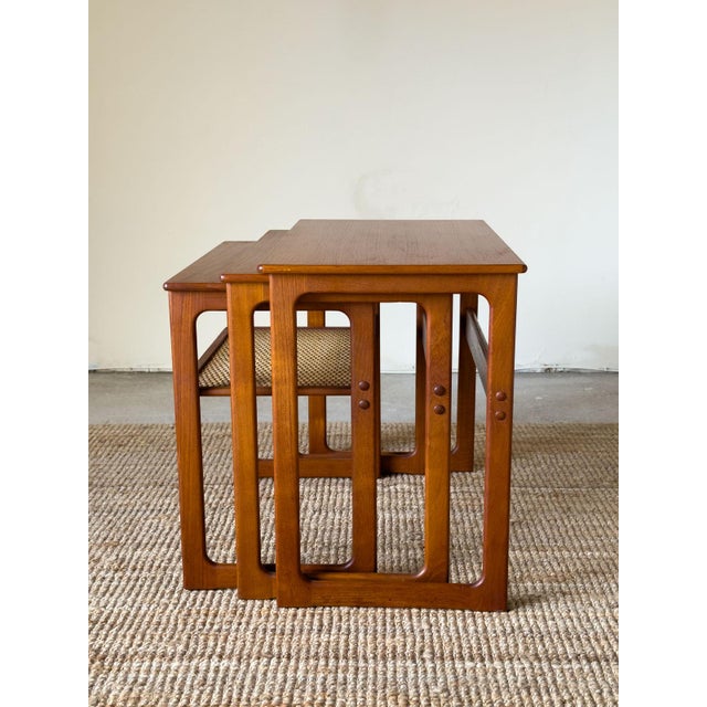Teak Nest of Tables with Rattan Shelf by Johannes Andersen for Silkeborg, 1960s, Set of 3 For Sale - Image 9 of 17