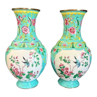 Mid-Century Chinese Hand-Painted Enamel Vases With Birds and Blossoms, Pair (2) For Sale