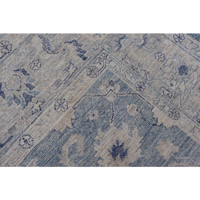 Turkish Angora Oushak Rug in Dusty Blue Background and Silver Border 9'2 X 11'7 For Sale - Image 11 of 11