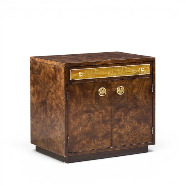 Bernhard Rohne for Mastercraft Mid Century Burlwood and Acid Etched Brass Nightstands - Pair For Sale In Chicago - Image 6 of 13
